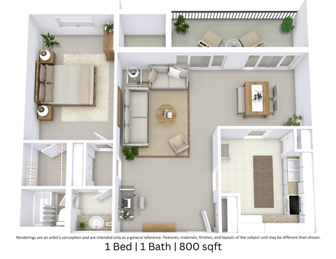 This is a 3D-floor plan providing a detailed, angled view of the space with room layouts, furniture placement, and spatial flow. Features 1 bedroom/s, 1 bathroom/s, and approximately 800 Sq. Ft